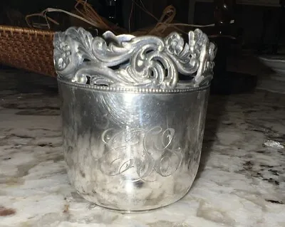 Antique Quadruple Plate Monogram Cup Mug Reticulated  Victor Silver Co Engraving • $29.99