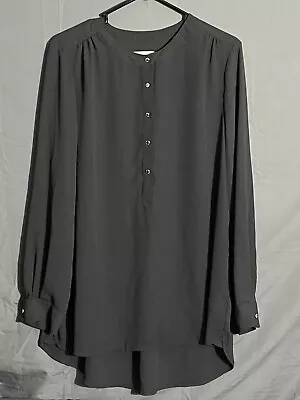 Joan Vass Black Button Split Neck Long Sleeve Blouse Top Size L Lightweight • $19.99