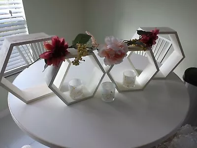 4 Pack Hexagon Floating Shelves Wall Mounted With Flowers And 3 Candle Holders • $29.99