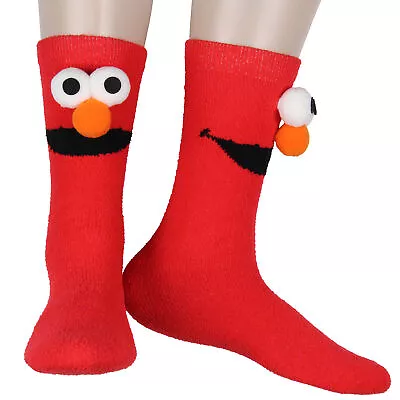 Sesame Street Socks 3D Eyes And Nose Elmo Adult Chenille Fuzzy Plush Crew Socks • $12.95