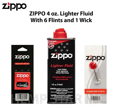 Zippo Lighters 4oz Fuel Fluid And 6 Flints & 1 Wick Value Pack Combo • $9.90