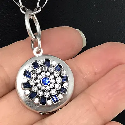 FOSSIL Blue Crystal Floral Locket Pendant Necklace 2 Strand Silver Tone RARE NOS • $24.88