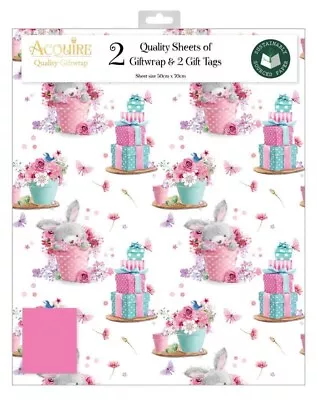 Cute Pink Bunnies Gift Wrap - 2 Sheets Gift Wrapping Paper & 2 Tags - Easter • £2.79