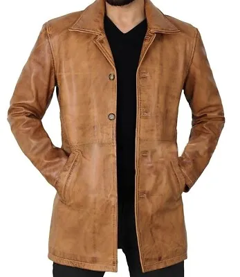 Leather Trench Coat-Mid Length Coat For Men-Khaki Sheep Coat-Trench Coat For Men • $129.99