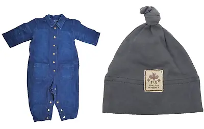 Denim Baby Romper Boy Girl Overalls PS Purple Shop With Matching Hat 3-6 Months • £7.99