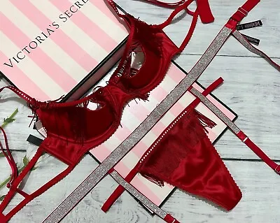 Victoria's Secret  Fringe Open Quarter Cup Shine Strap Bra & Thong Set Red 3pc • $58