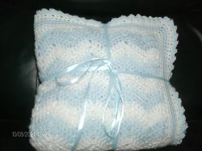 Hand Crochet Baby Shawl New In Pale Blue And White  Wool Measures • £13.50