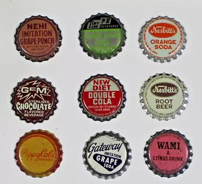 Vintage Lot Of 9 DIFFERENT UN-USED Soda & Beer Cork Lined Bottle Caps.  Lot #5 • $11.99