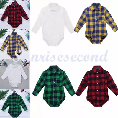 Newborn Baby Boy Romper Long Sleeve Shirt Plaid Jumpsuit Infant Bodysuit Clothes • £6.96