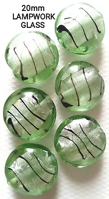 6 X Mint Green Foil 20mm LAMPWORK GLASS Round Feature Focal Pendant Beads • £3.50