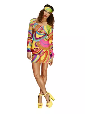 60's Hippy Flower Power Fever Fancy Dress Costume Dancing Disco Multicoloured • $34.95