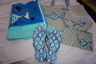 VERA BRADLEY GO FISH BLUE Straw Beach Tote Beach Towel Wristlet Flip Flops NWT • $85