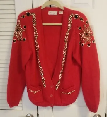 Woman's Vintage Mohair Cardigan Sweater Medium Chiefs Red Jeweled  VTG 80's • $21.87