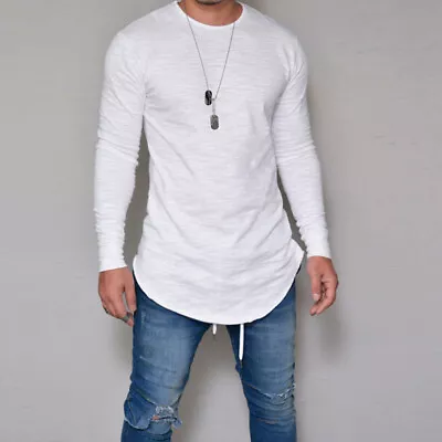 Mens Solid Long Sleeve T-Shirt Casual Slim Fit Pullover Muscle Tee Tunic Tops • £13.97