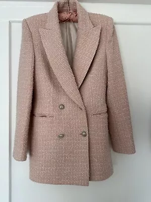 Zara Long Pink Ecru  Tweed Boucle Blazer Jacket Bloggers S 8 10 Double Breasted • £19.99