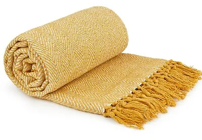 £10.45 • Buy 100% Cotton Herringbone Ochre Mustard Yellow Fringed Tassel Bed Chair Sofa Throw