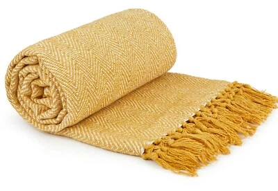 £9.95 • Buy 100% Cotton Herringbone Ochre Mustard Yellow Fringed Tassel Bed Chair Sofa Throw