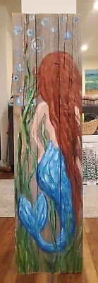 Mermaid Goddess Of The Sea 3ft Reclaimed Wood Planks Rustic Art Painting  • $95