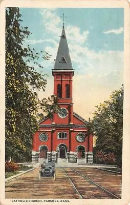 PARSONS KS Kansas CATHOLIC CHURCH  Early Auto~Car  LABETTE CO  C1920's Postcard • $5.01