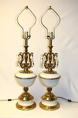 Pair 33.5” Hollywood Regency Matching Mid-century Lamps Brass Crystals & Enamel • $149.99