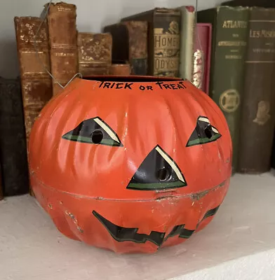 Vintage Tin Halloween Jack O Lantern Pumpkin US Metal Toy Co Made In USA Lantern • $90