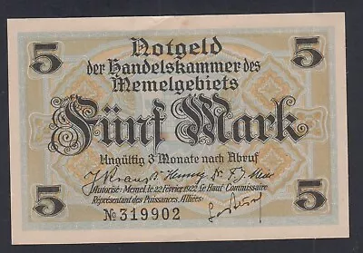 NOTGELD - Memel 5 Mark 22 Février 1922 French Administration-Post WWI Lartdesg • $84.65