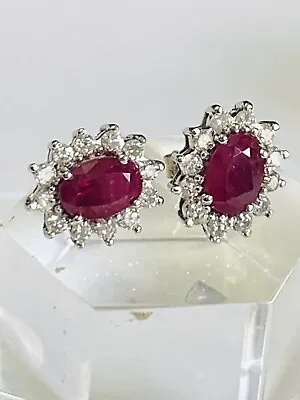 18ct White Gold Ruby Diamonds Large Oval Cluster Stud Earrings • £1195