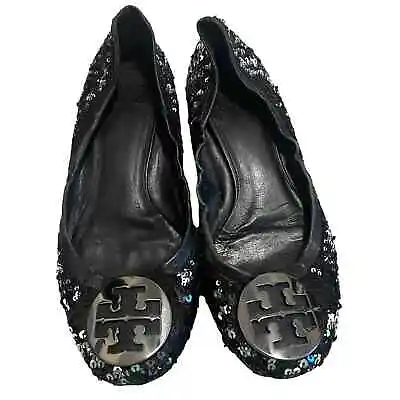 Tory Burch Sequined Flats Black Sparkle Gun Metal Logo Medallion Size 9M • $49