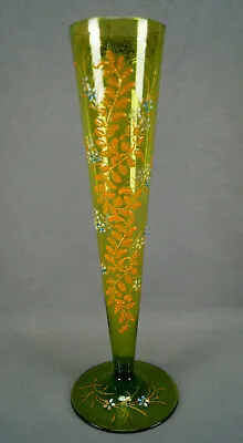 Bohemian Moser Type Enameled Blue White Orange Floral Yellow Green Trumpet Vase • $295