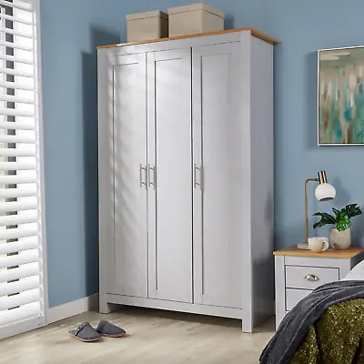 Wardrobe 3 Door Bedroom Furniture Clothing Storage Grey Oak Top Wood Nightstand • £179.99