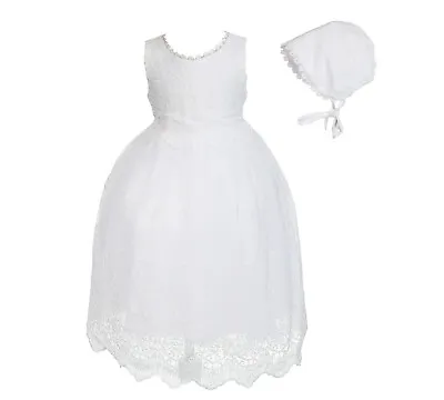 £24.99 • Buy Baby Girls White Lace Christening Gown Dress With Bonnet 0 3 6 9 12 18 Months