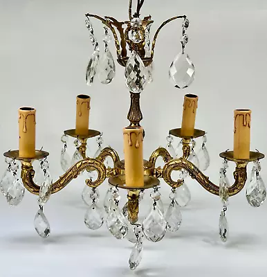 Vintage French Ornate Brass 5 Arm Ceiling Light Chandelier With Glass Droplets • £78