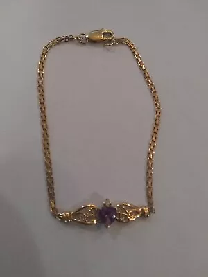 Vintage 14 Kt Yellow Gold Amethyst Heart Diamond Bracelet 7 In • $195