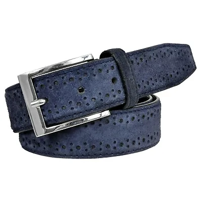 Handcrafted Men's Genuine Brogue Suede Blue / Brown Formal Leather Belt - 35 Mm  • $32.90