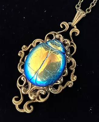 Vintage Scarab Necklace Egyptian Revival Pendant Antique Czech Iridescent Glass • $26