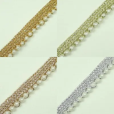 £2.99 • Buy Ivory Antique Gold Silver Mini Pearl Beaded Ribbon Trim Border Indian Lace Edge