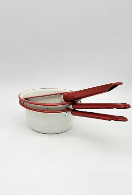 Vintage 1950's Red & White Enamel Sauce Pan/Pot Set Of 3 • $23.99