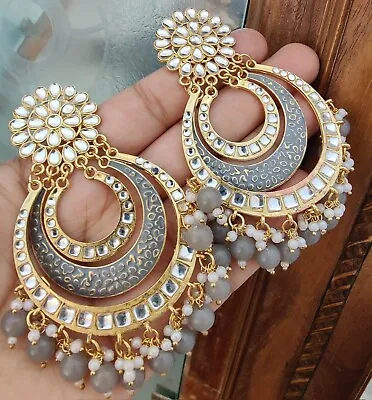Indian Gold Plated Bollywood Style Kundan Chandbali Earrings Gray Jewelry Set • $29.99