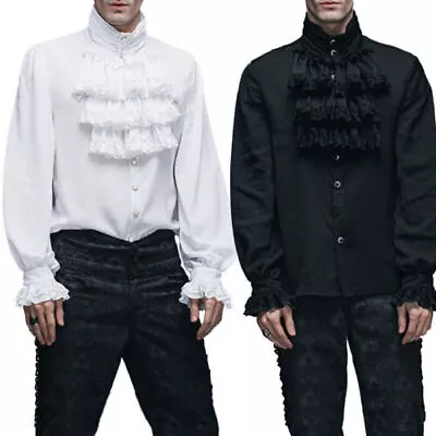Men Gothic Stand-Up Collar Victorian Medieval Ruffle Shirt Pleated Cuff Top New • $27.33