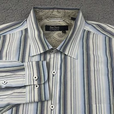 Nat Nast Button Up Shirt Mens XL White Blue Long Sleeve Flip Cuff Paisley Lined • $22.33