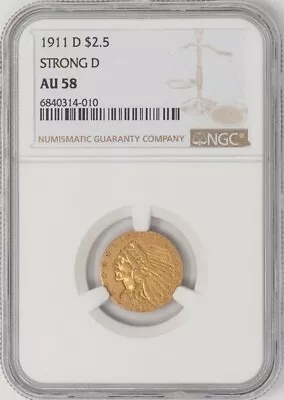 1911-D $2 1/2 Gold Indian $2.5 Strong D AU58 NGC 948298-3 • $5750