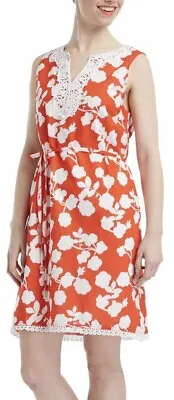 Mudpie Wmn Sleeveless Avery Crochet Neck Dress Belted Floral Sz Large Orange/Red • $14.99