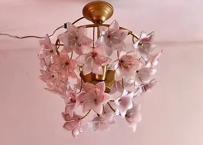 Chandelier Floral Vintage Murano Pink Glass  Floral Single Basket Ceiling 3 Lamp • $444