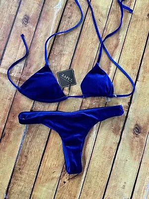 Zaful Womens Sz Medium 6 Bikini Cheeky Swimsuit Royal Blue Velvet Velour 2 Piece • $10