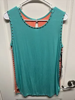 Cowgirl Tuff Co Womens Tank Top SIZE MEDIUM Turquoise & Coral W/studs Open Back • $17.99