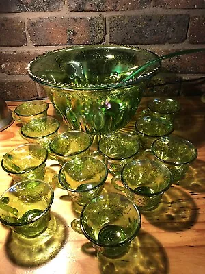CARNIVAL GLASS Lime PUNCH BOWL AND GLASSWARE SET VINTAGE RETRO 1970'S • $250