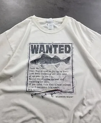 Vintage Wildwood Resort T-shirt Wanted Walleye Fishing Gildan White XL 1990s • $7.27