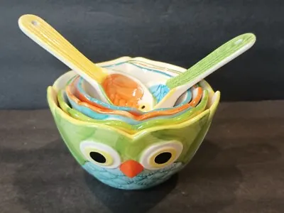 Pier 1 Set Of 6 Hand Painted Stoneware Nesting Owls  Measuring Cups & Spoons • $25