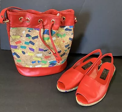 Vintage 80’s Or 90’s J Rene Shoes And Purse Set Matching Red Cork Heel • $12.01
