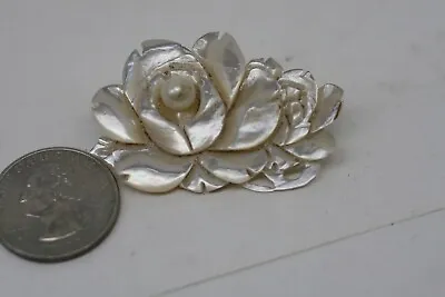 Vintage Mid-Century Hand Carved Mother Of Pearl Rose Brooch Pin MOP 2  R13 • $24.99